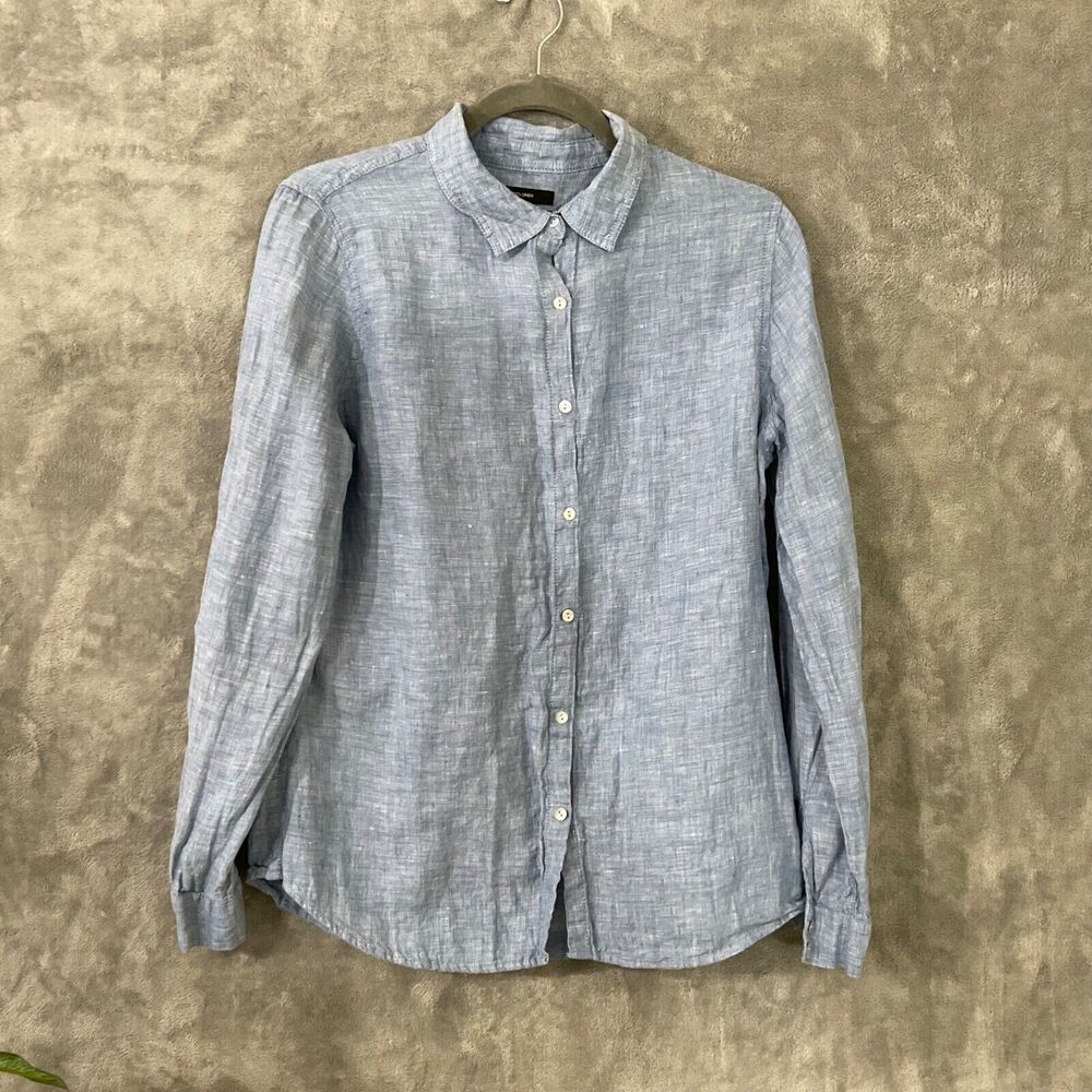 EUC Womens Tahari 100% linen roll tab long sleeve blouse women M Blue